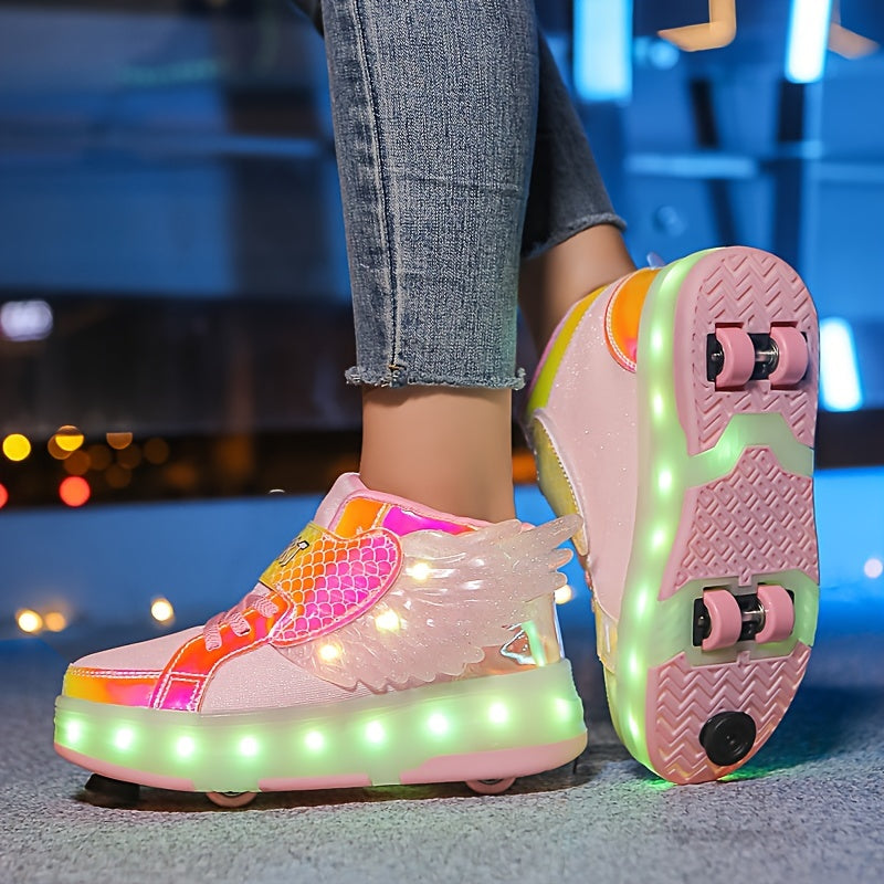 LED Light-Up Roller Skate Sneakers with Wings USB Rechargeable for Girls Kids Teens Boys Outdoor Sports Shoes Wheeled Footwear | Thomler