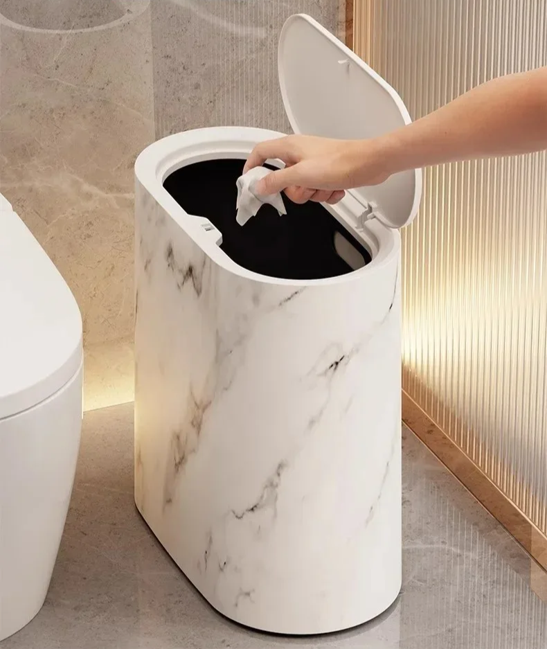 Push-Top Waste Basket with Marble-Look Finish – Slim Oval Design for Small Bathrooms, Bedrooms & Home Offices | Thomler