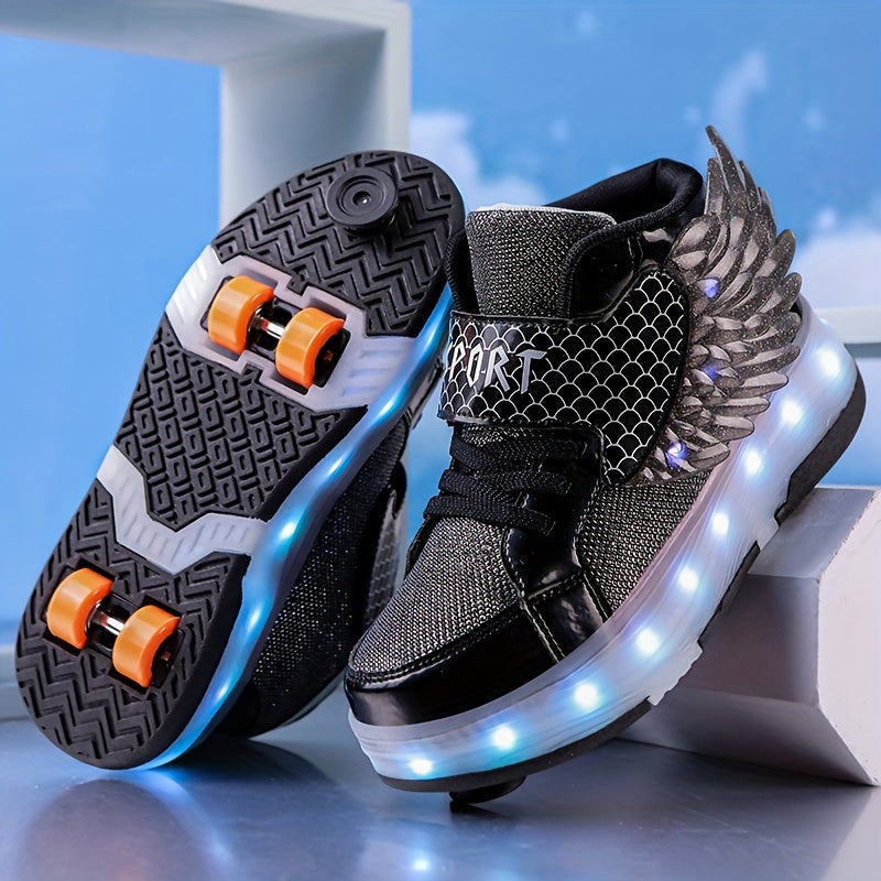 LED Light-Up Roller Skate Sneakers with Wings USB Rechargeable for Girls Kids Teens Boys Outdoor Sports Shoes Wheeled Footwear | Thomler
