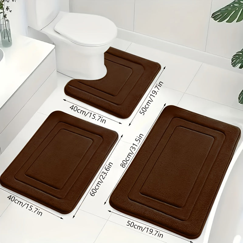 Memory Foam Bath Mat Set 3-Piece Non-Slip Absorbent Bathroom Rugs with U-Shape Toilet Mat Plush Microfiber Surface Contour Mats for Shower | Thomler