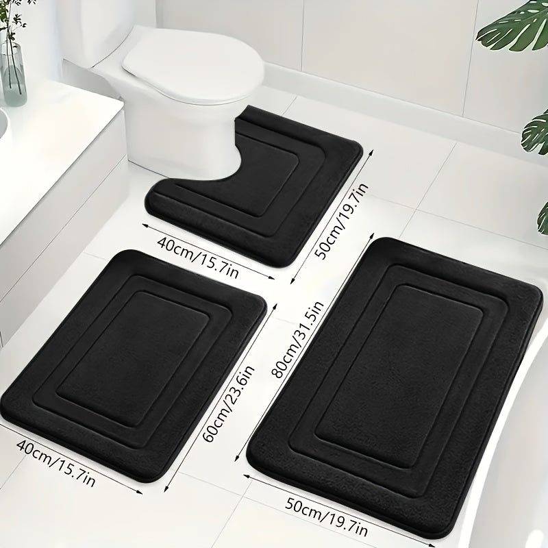 Memory Foam Bath Mat Set 3-Piece Non-Slip Absorbent Bathroom Rugs with U-Shape Toilet Mat Plush Microfiber Surface Contour Mats for Shower | Thomler