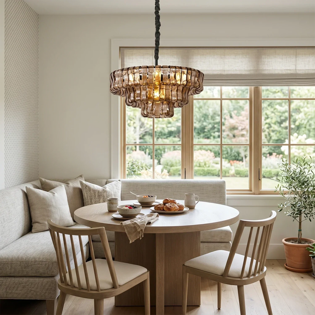 Textured Glass Round Chandelier with Curved Panels in Metallic Finish for Dining Room & Living Room | 24 to 60 Inch | Thomler