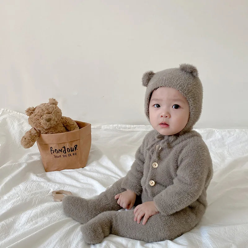 Plush Bear Hooded Romper for Baby – Soft Fleece Bodysuit Onesie for Infant Boys & Girls | Thomler