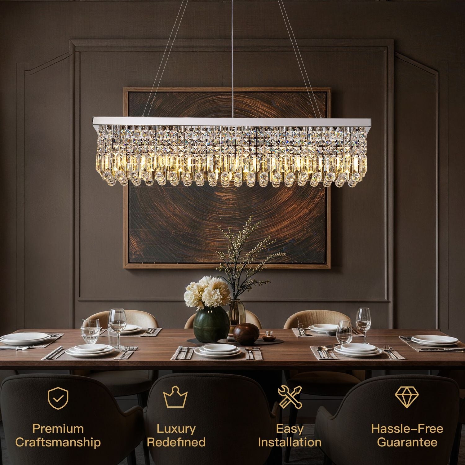 Linear K9 Glass Drop Ceiling Light Fixture for Dining Room & Kitchen – Chrome Finish | Thomler