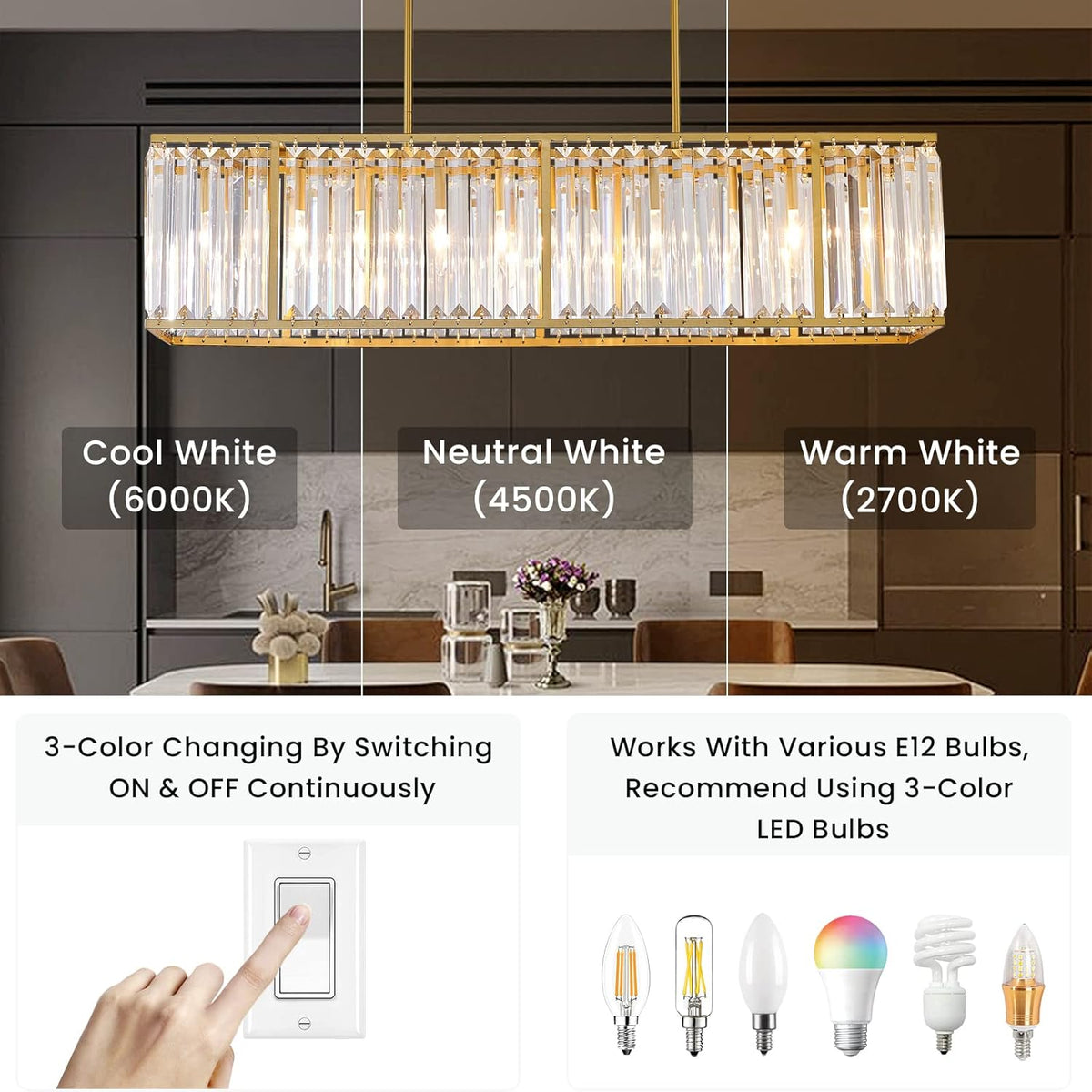 Rectangular Hanging Chandelier with Glass Gem Details for Dining Room & Island | Thomler