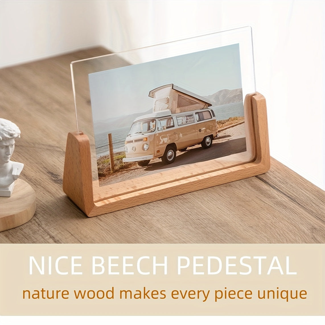 Clear Acrylic Photo Display Stand with Wood Base – Portrait or Landscape Picture Holder for Desk, Shelf, Bedroom Decor | Thomler