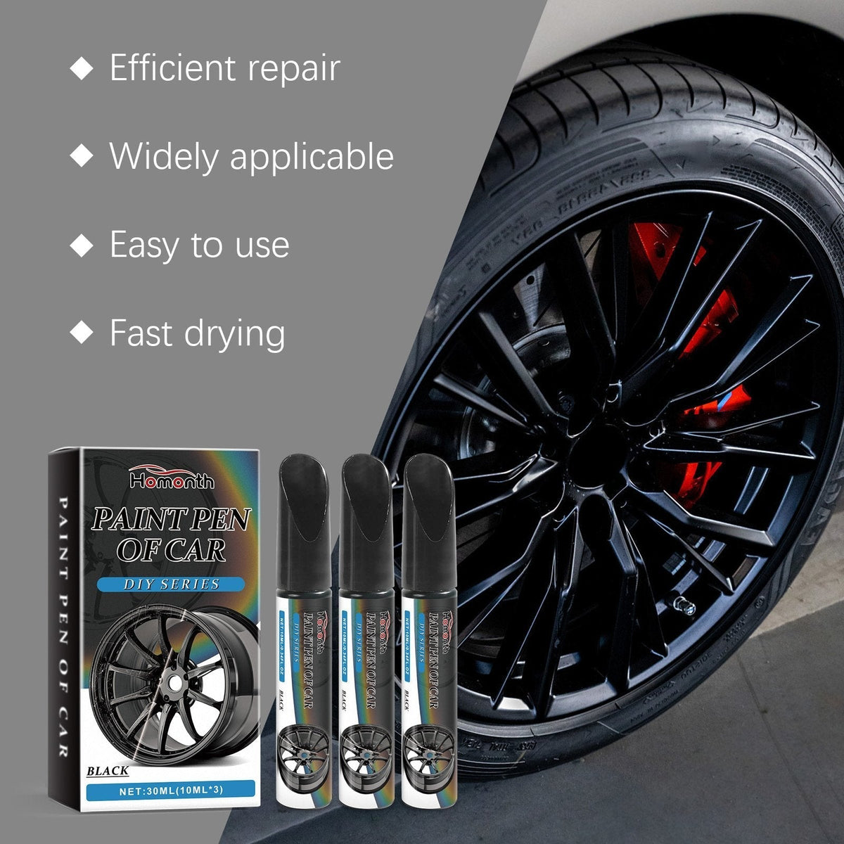 Wheel Touch-Up Paint Pen Set – 3-Pack Black Finish Scratch Repair for Rims & Alloys | Thomler