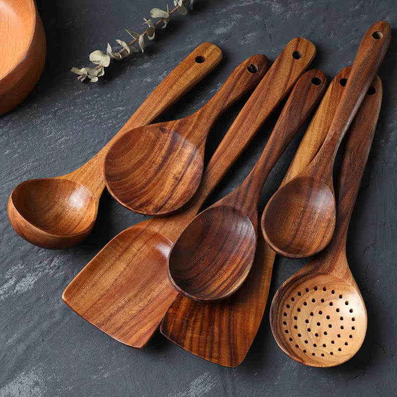 7-Piece Teak Wood Cooking Utensil Set – Natural Kitchen Tools for Non-Stick Cookware, Eco-Friendly Spatula Ladle Turner Spoon Collection | Thomler
