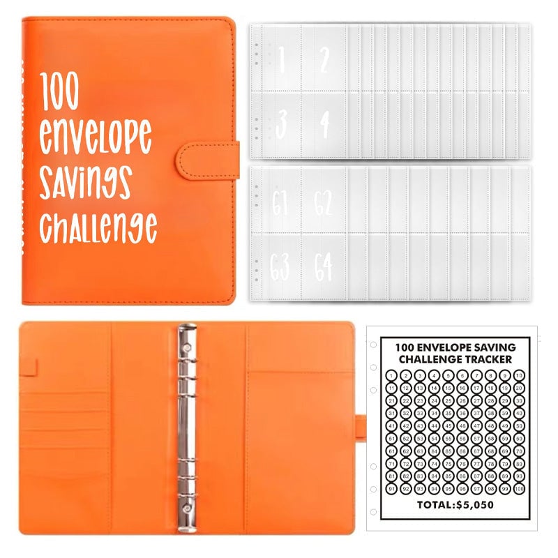 100-Envelope Money Saving Binder with Cash Envelopes for Budget Tracking & Financial Goals | PU Leather Organizer for Home Finance | Thomler