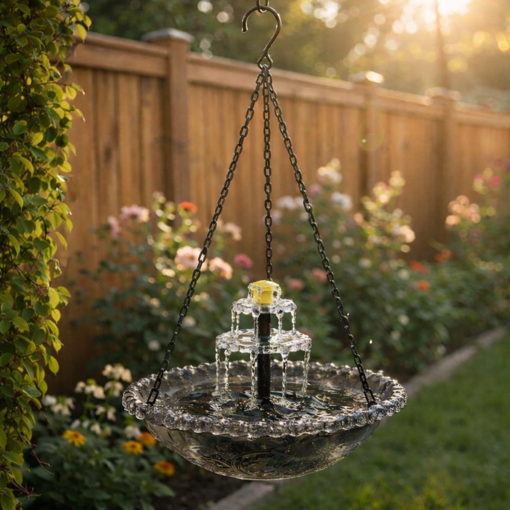 Solar-Springbrunnen mit Vogeltränke – kabellos, zweistufig, hängend