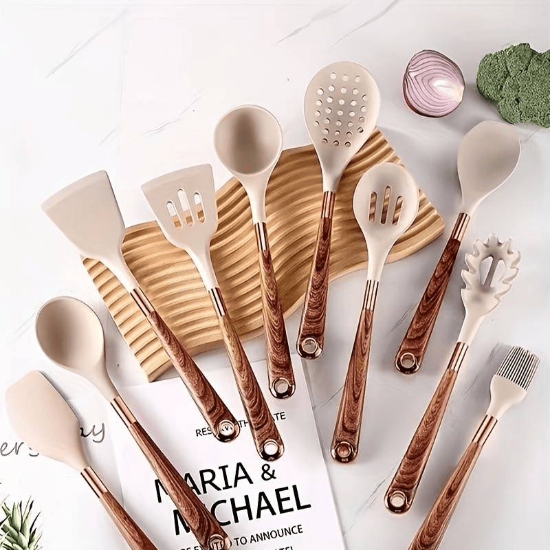 Kitchen Utensil Set Silicone 10 Piece Non Stick Cooking Baking Serving Tools Wood Look Handles | Thomler