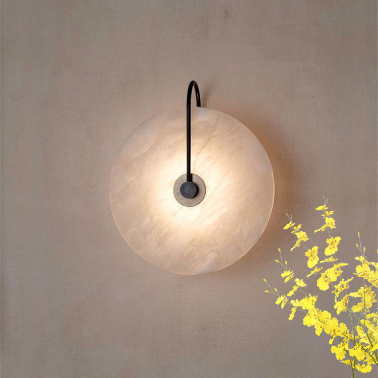 Natural Alabaster LED Wall Sconce – Stone Circle Light with Black or Gold Frame – Warm Glow Accent Lamp for Bedroom Hallway Living Room | Thomler