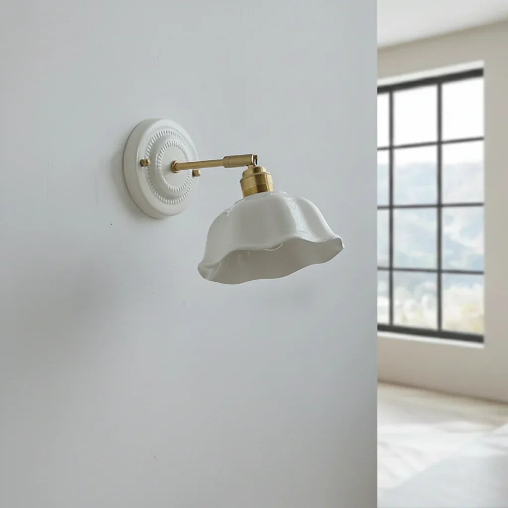 Wall Lamp Ceramic Shade 18.0 cm White Bedroom Reading Light Adjustable Copper Arm Vintage Hallway Accent Lighting | Thomler