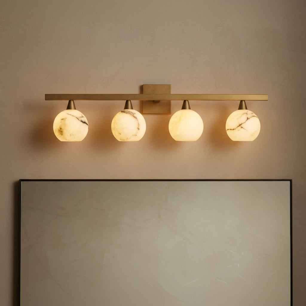 Natural Alabaster Stone Wall Sconce 4-Light Fixture Brass Frame Curved Shades Bathroom Vanity Light Dimmable Hardwired Modern Lighting | Thomler