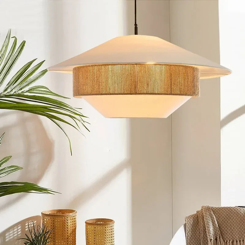 Pendant Light Organic Cotton 20 in Brown Hanging Dining Room Bedroom Wicker Style Ceiling Lamp Japandi Minimalist Decor | Thomler