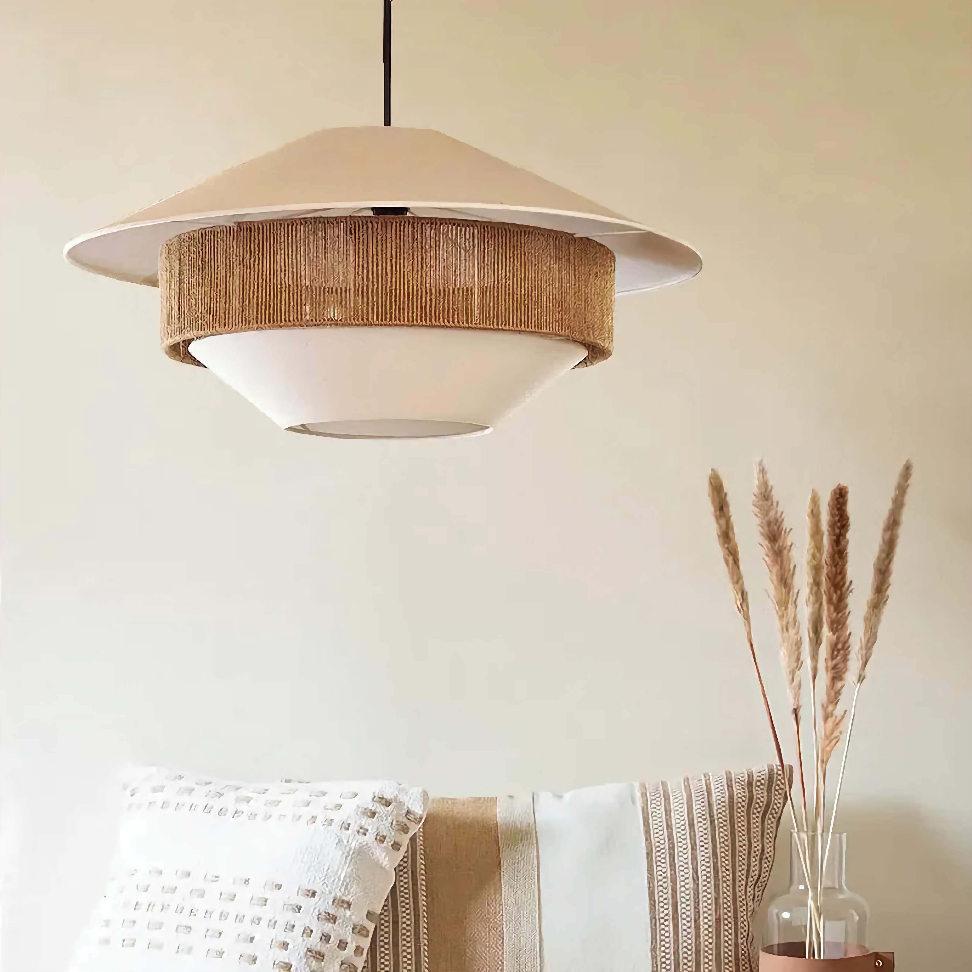Pendant Light Organic Cotton 20 in Brown Hanging Dining Room Bedroom Wicker Style Ceiling Lamp Japandi Minimalist Decor | Thomler