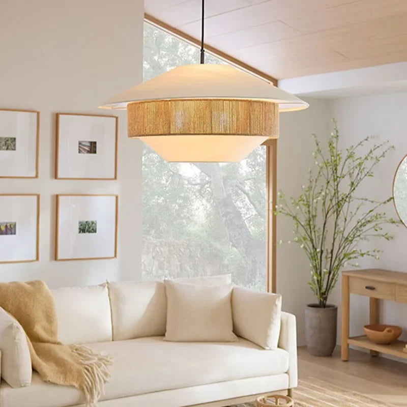 Pendant Light Organic Cotton 20 in Brown Hanging Dining Room Bedroom Wicker Style Ceiling Lamp Japandi Minimalist Decor | Thomler