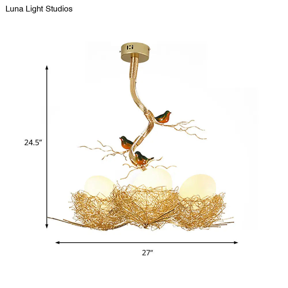 Nature-Inspired Ceiling Pendant Light with Bird Accents & Woven Metal Design — Gold Hanging Fixture for Dining Room, Bedroom, Living Room | Thomler