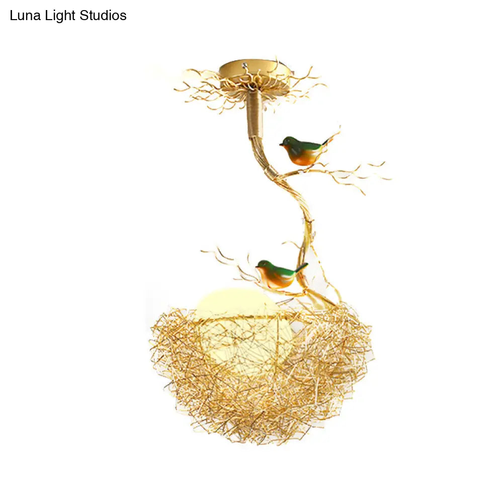 Nature-Inspired Ceiling Pendant Light with Bird Accents & Woven Metal Design — Gold Hanging Fixture for Dining Room, Bedroom, Living Room | Thomler