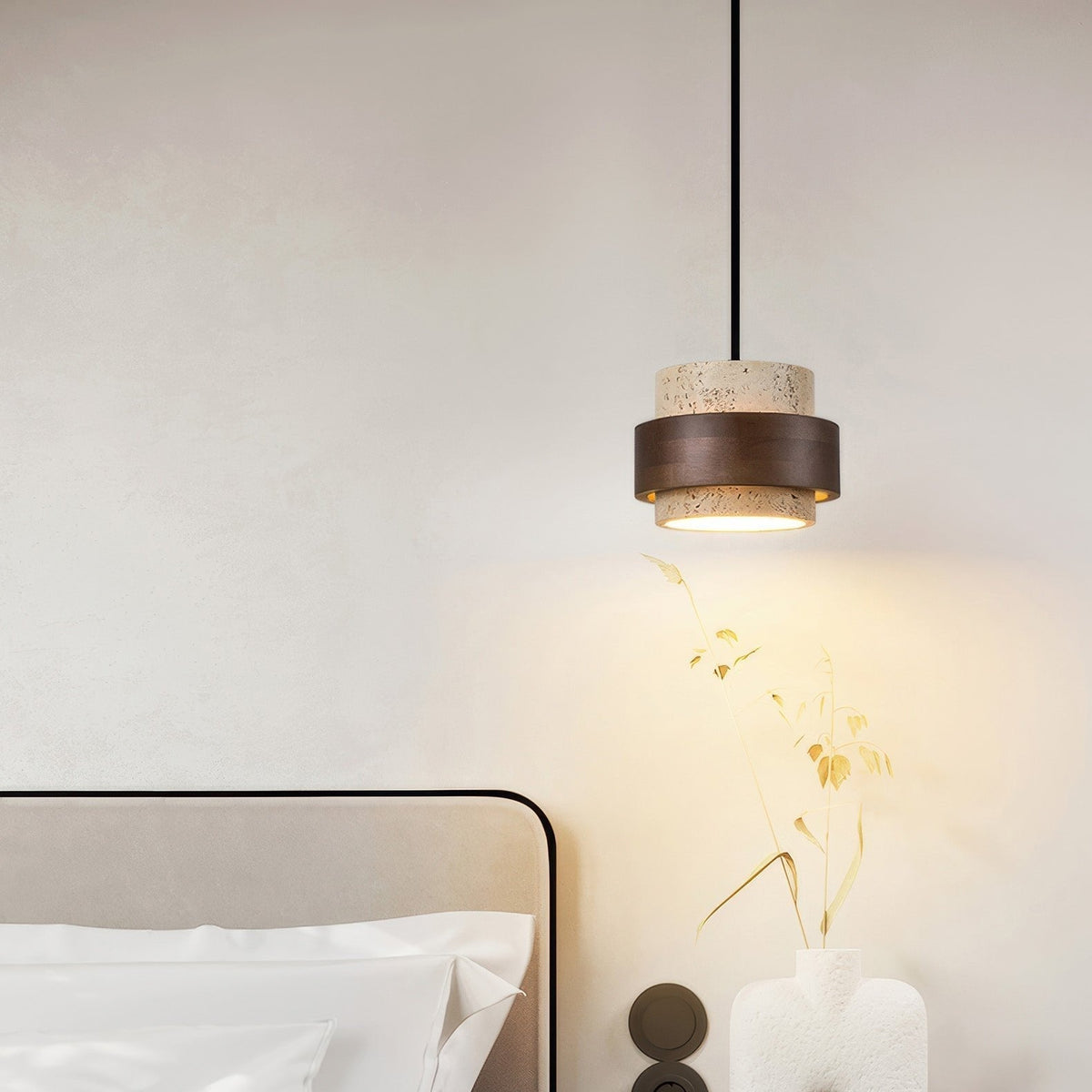 Natural Travertine Stone Pendant Light with Wood Accents – Adjustable Height LED Ceiling Fixture for Dining Room, Kitchen Island & Bar | Thomler