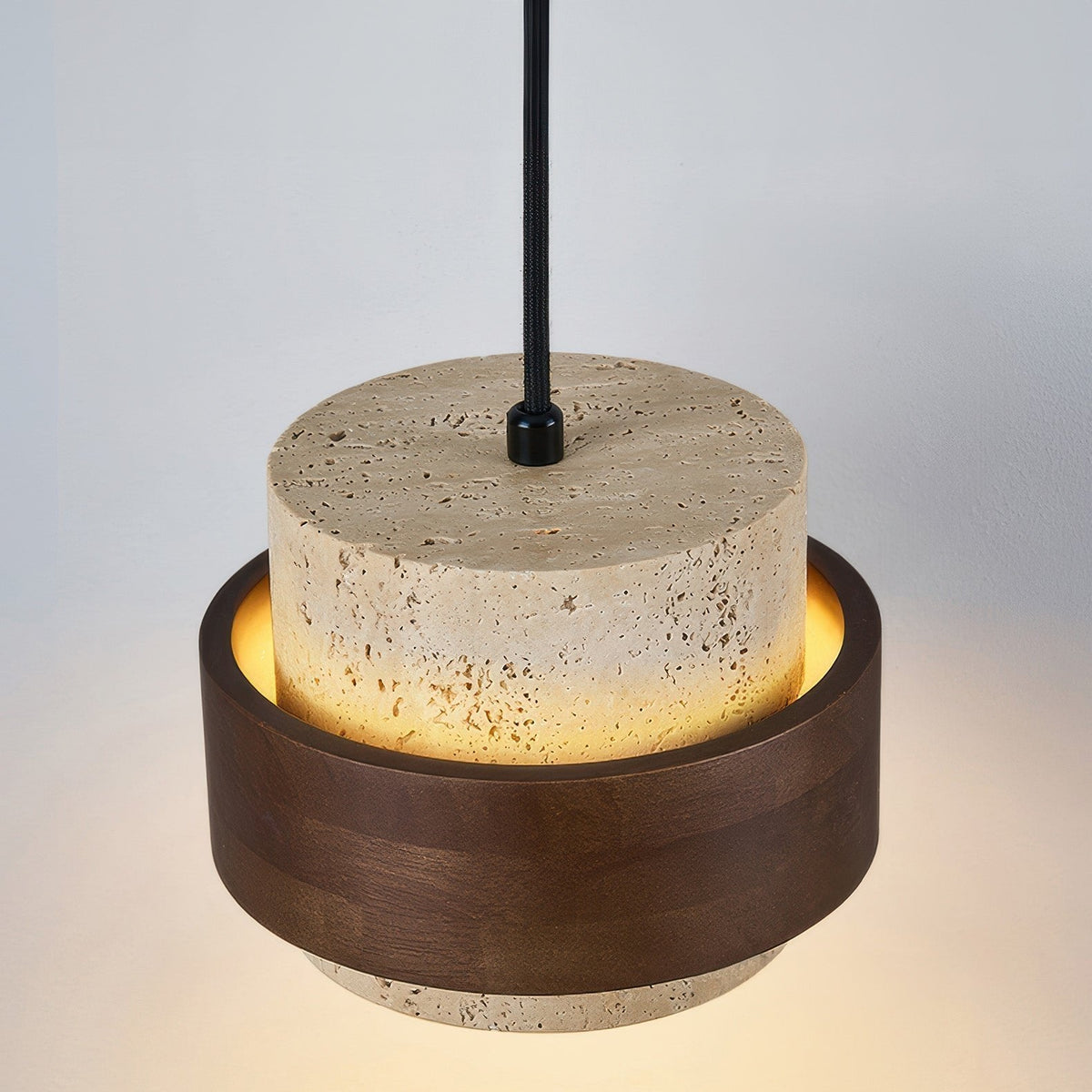 Natural Travertine Stone Pendant Light with Wood Accents – Adjustable Height LED Ceiling Fixture for Dining Room, Kitchen Island & Bar | Thomler