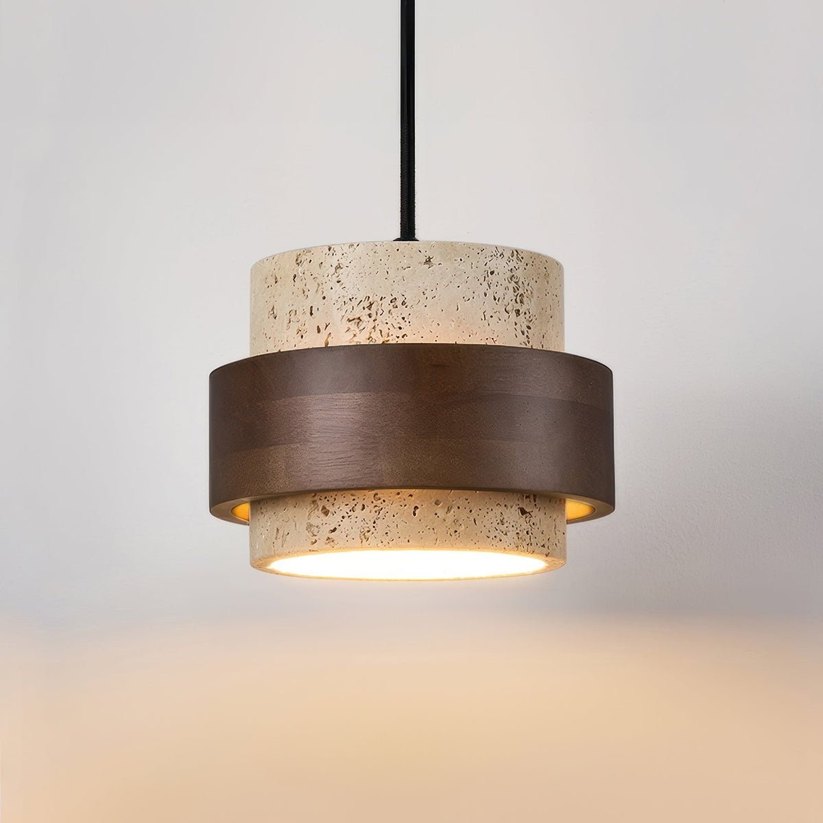 Natural Travertine Stone Pendant Light with Wood Accents – Adjustable Height LED Ceiling Fixture for Dining Room, Kitchen Island & Bar | Thomler