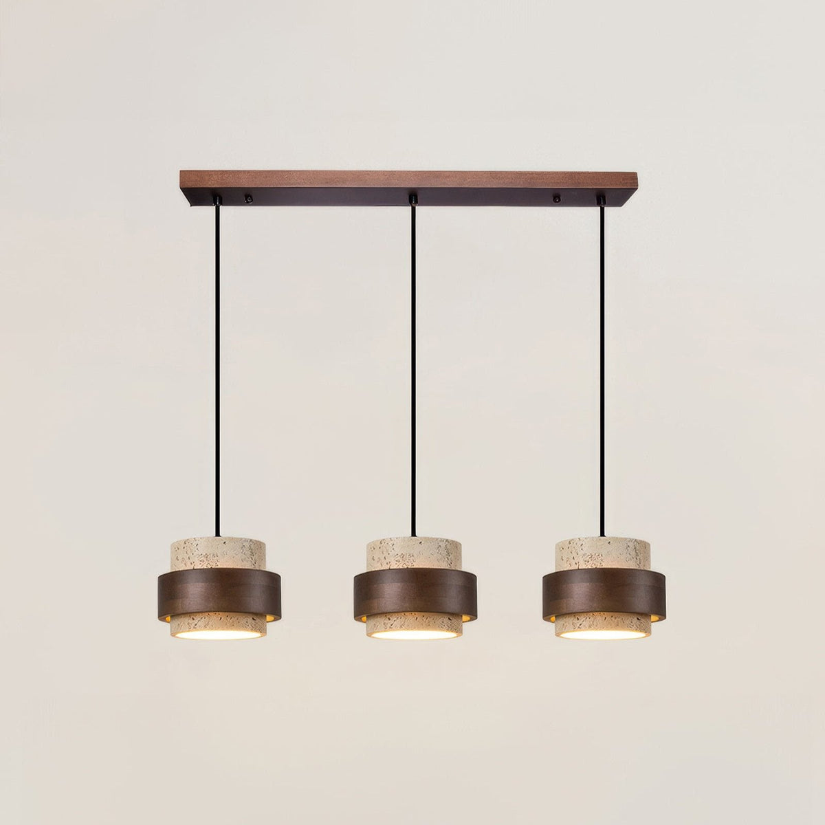 Natural Travertine Stone Pendant Light with Wood Accents – Adjustable Height LED Ceiling Fixture for Dining Room, Kitchen Island & Bar | Thomler