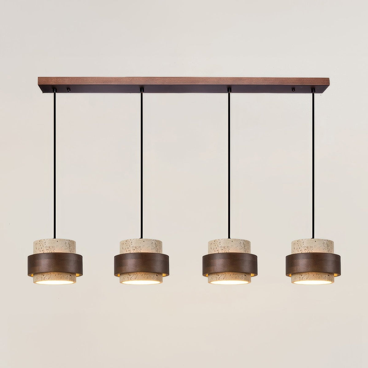 Natural Travertine Stone Pendant Light with Wood Accents – Adjustable Height LED Ceiling Fixture for Dining Room, Kitchen Island & Bar | Thomler