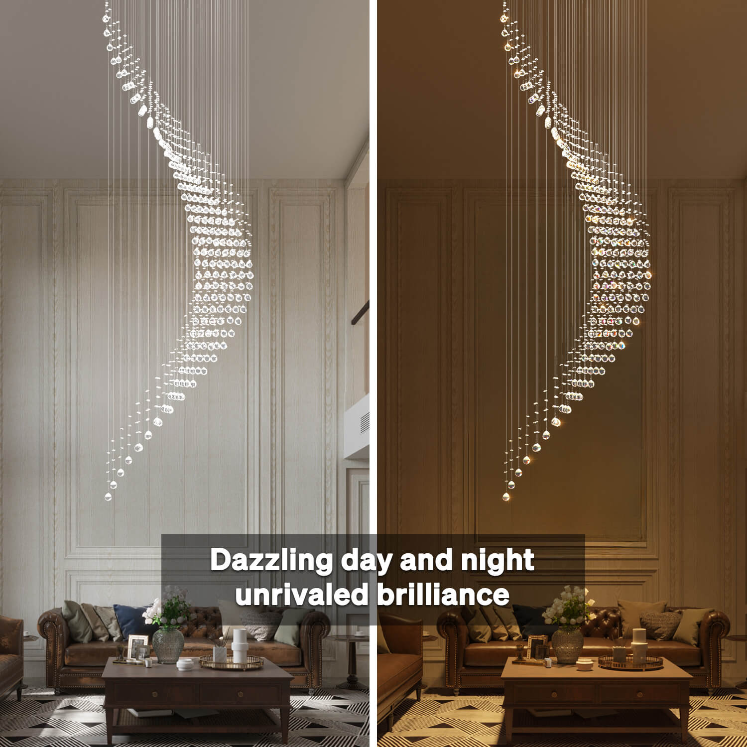 Chandelier Stainless Steel 51 in Adjustable Spiral Raindrop Crystal Foyer Light Modern Luxury Lighting for Staircase Living Room Dining Room | Thomler