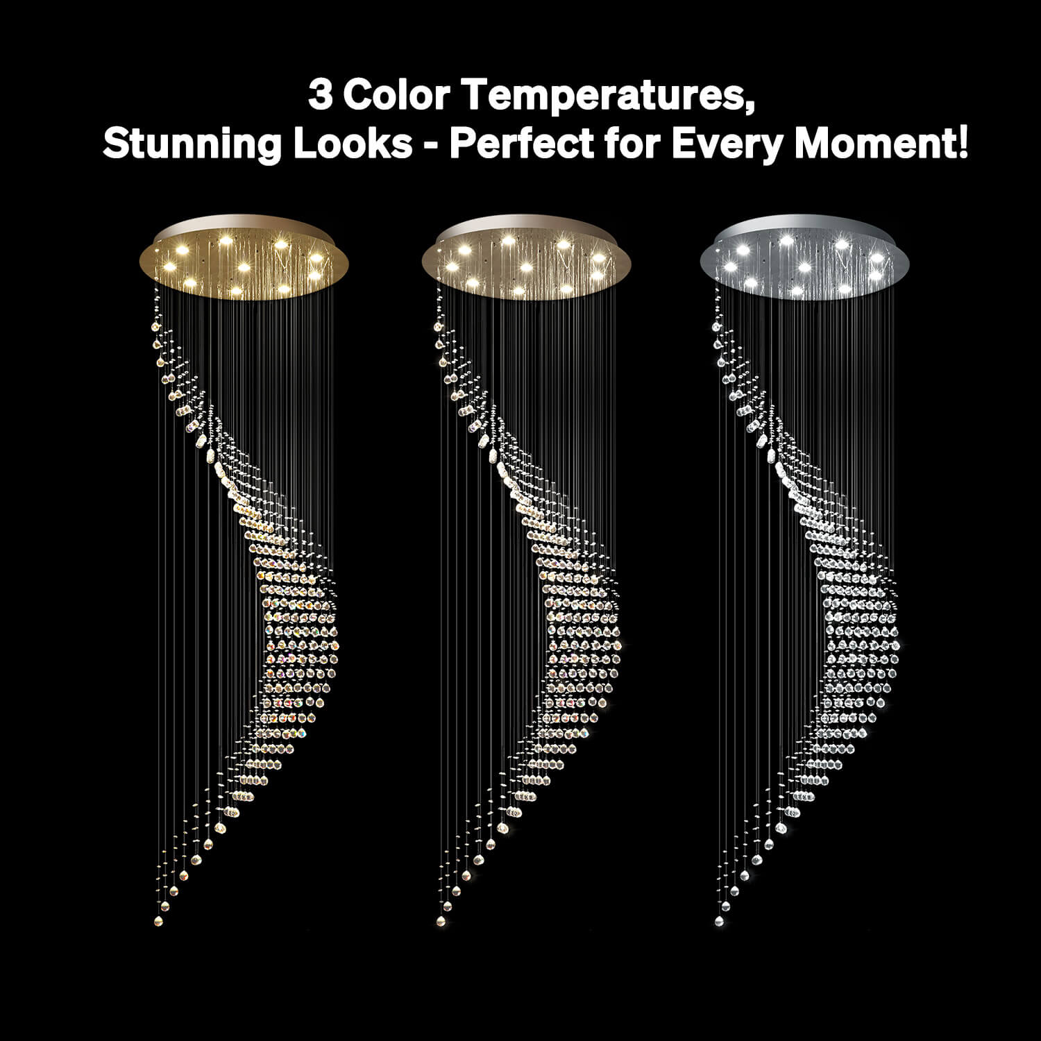 Chandelier Stainless Steel 51 in Adjustable Spiral Raindrop Crystal Foyer Light Modern Luxury Lighting for Staircase Living Room Dining Room | Thomler