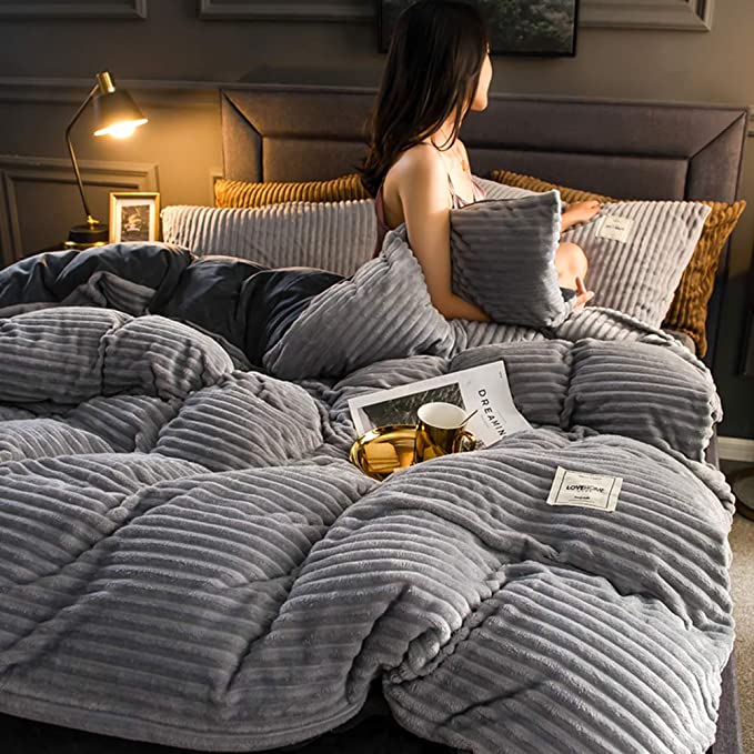 Duvet Cover High-Quality Fleece 220.0 cm x 240.0 cm Green Rib Pattern Winter Bedroom Soft Warm Bedding | Thomler
