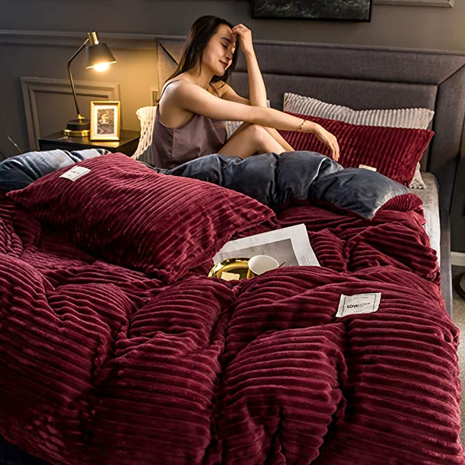 Duvet Cover High-Quality Fleece 220.0 cm x 240.0 cm Green Rib Pattern Winter Bedroom Soft Warm Bedding | Thomler