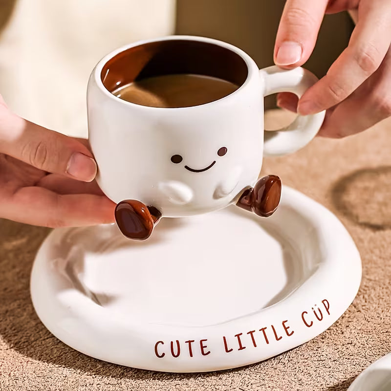 Coffee Cup Ceramic 250 ml White Smiley Face Tea Latte Cappuccino Mug With Saucer Cute Kitchen Gift | Thomler