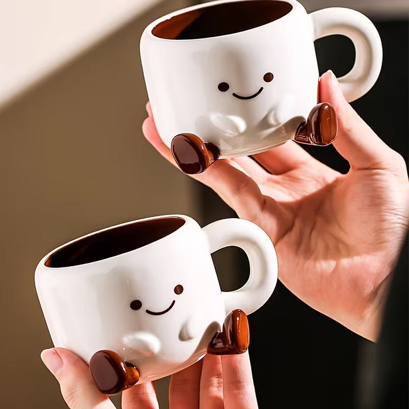Coffee Cup Ceramic 250 ml White Smiley Face Tea Latte Cappuccino Mug With Saucer Cute Kitchen Gift | Thomler