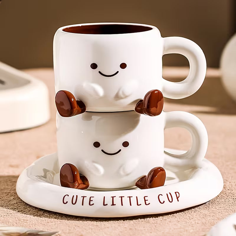 Coffee Cup Ceramic 250 ml White Smiley Face Tea Latte Cappuccino Mug With Saucer Cute Kitchen Gift | Thomler