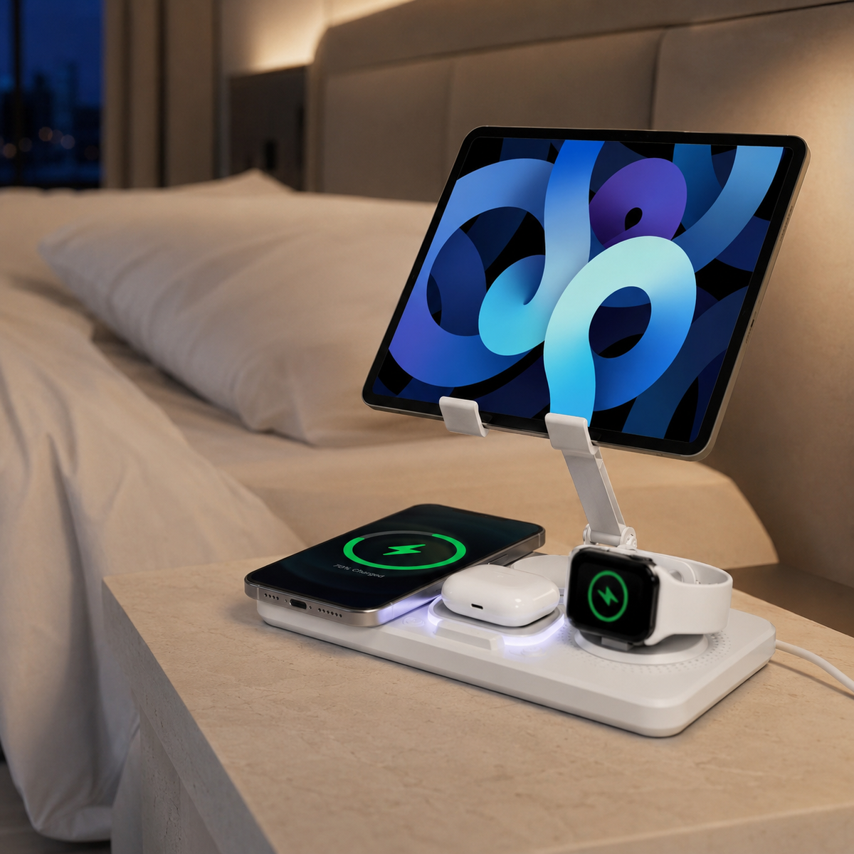 Multi-Device Wireless Charging Station with Adjustable Tablet Holder for Phones, Watches & Earbuds | Thomler