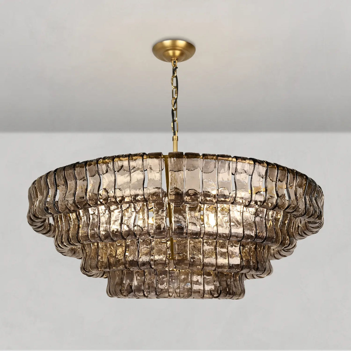 Textured Glass Round Chandelier with Curved Panels in Metallic Finish for Dining Room & Living Room | 24 to 60 Inch | Thomler