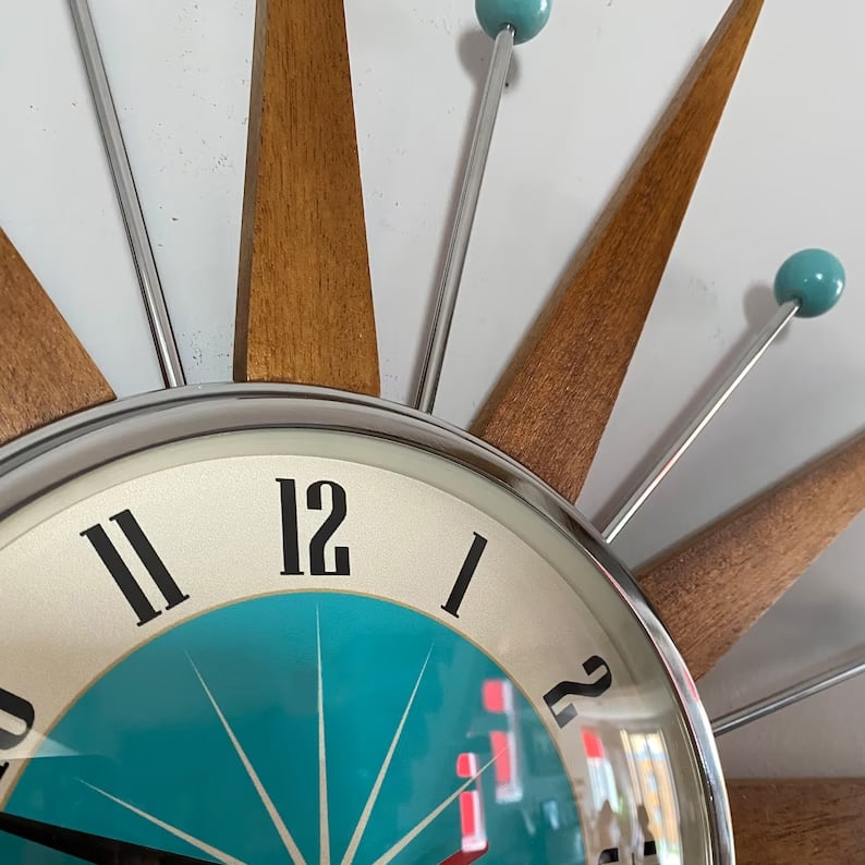 Handcrafted Sunburst Wall Clock Mid-Century Modern Design 16 Inch Silent Battery Operated Decorative Timepiece for Living Room Bedroom | Thomler