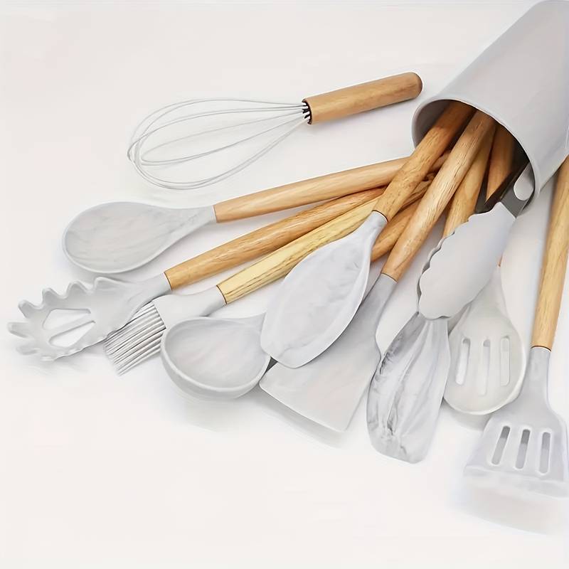 12-Piece Silicone Cooking Utensil Set with Wood Handles Heat Resistant Kitchen Tools for Nonstick Cookware Home Chef Spatula Spoon Whisk | Thomler
