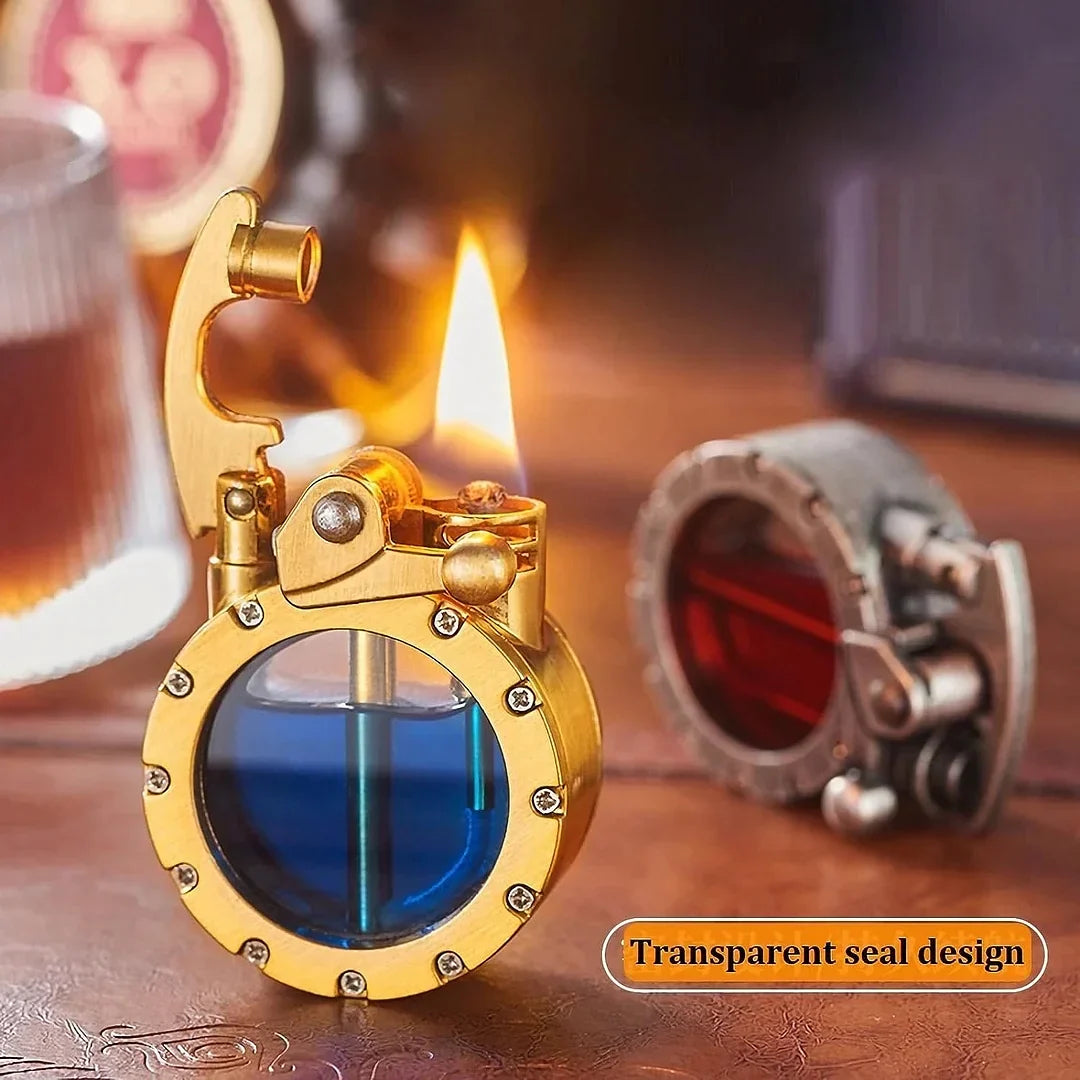 Refillable Fluid Lighter with See-Through Fuel Window – Metal Body, Flip-Top Ignition, Vintage Style for Everyday Carry & Collectors | Thomler