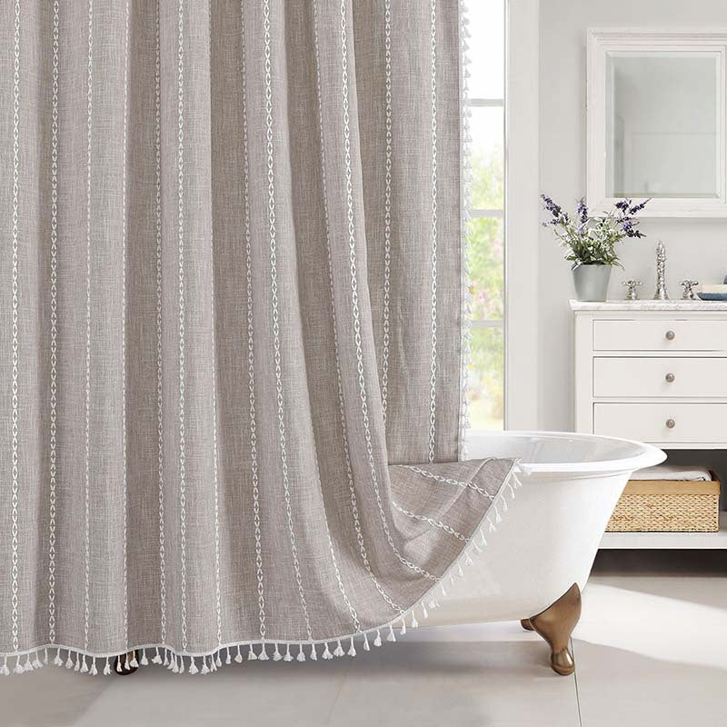 Shower Curtain Premium Linen 180.0 x 200.0 cm Grey Bathroom Waterproof Tassel Bohemian Bath Screen Privacy Curtain | Thomler