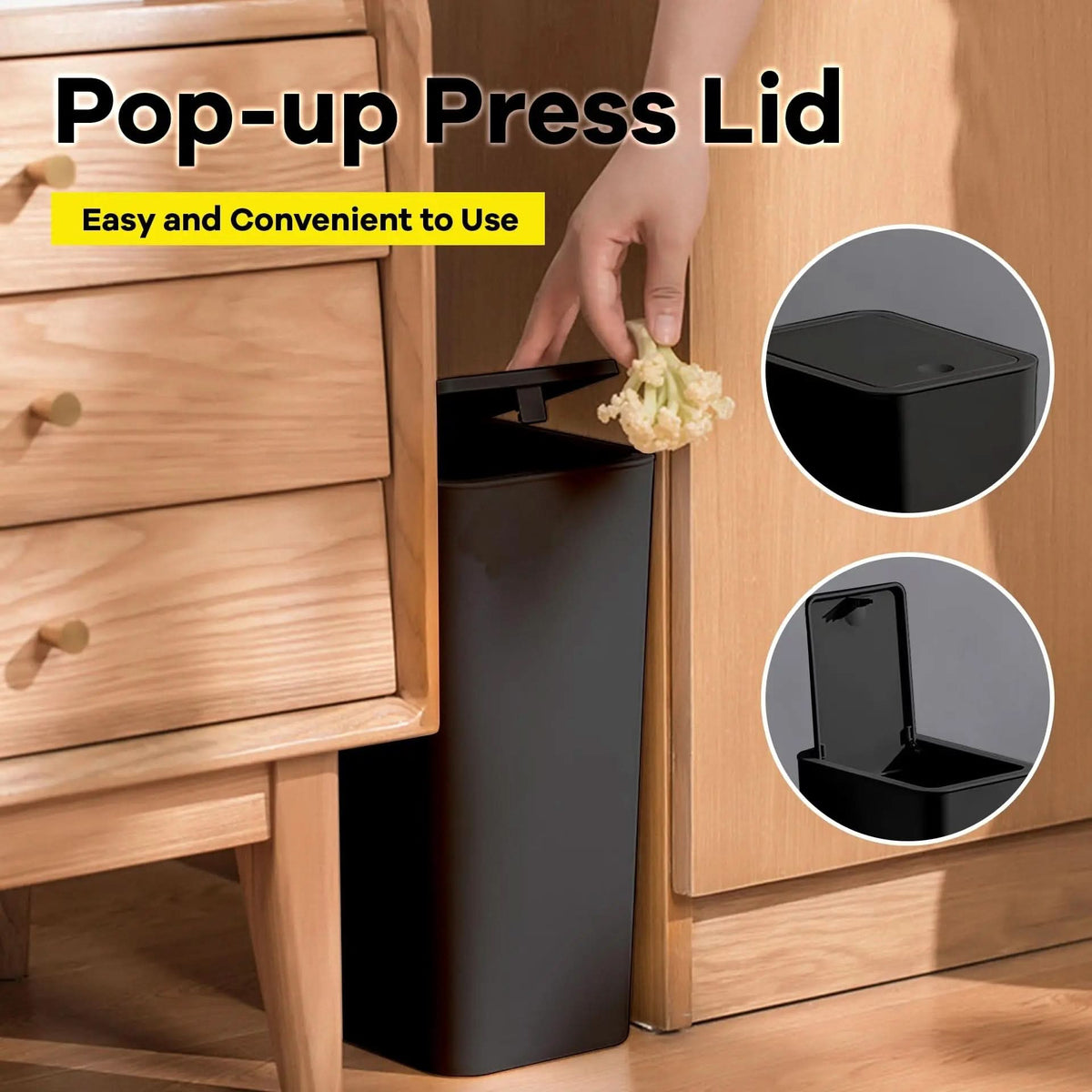 Touch-Open Waste Basket 2.6 Gal Narrow Bin for Bathrooms, Bedrooms & Home Offices | Space-Saving Design | Thomler