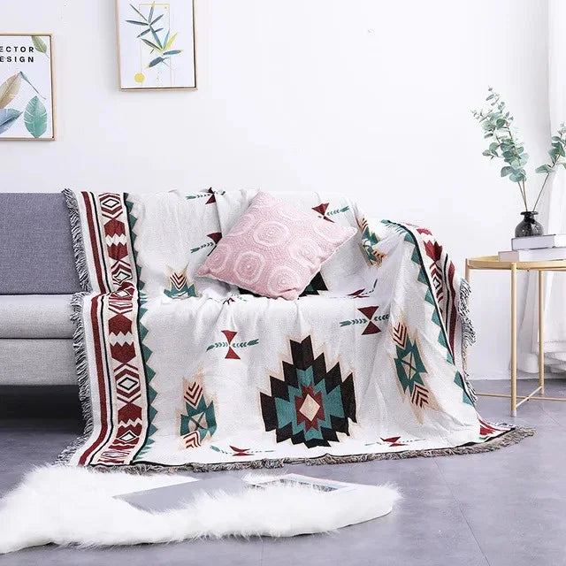 Throw Blanket Cotton Polyester Jacquard Weave Multicolour Sofa Bed Decorative Fringed Bohemian Living Room Accent Cover | Thomler