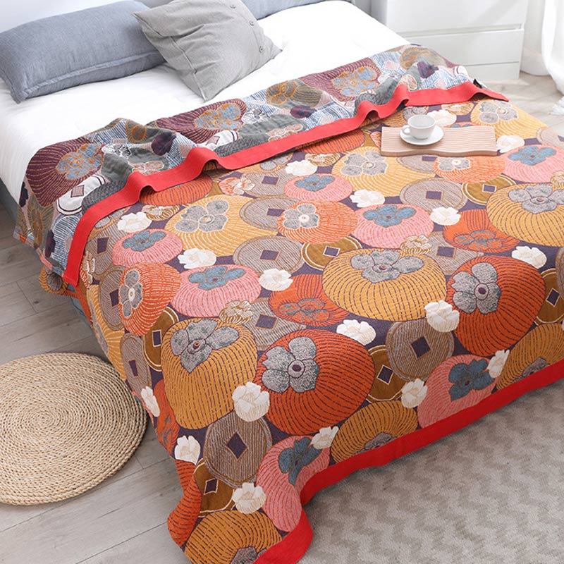 Reversible Cotton Gauze Quilt with Persimmon Pattern - Lightweight Summer Blanket for Bed, Sofa & Travel - Queen, King & Full Sizes | Thomler