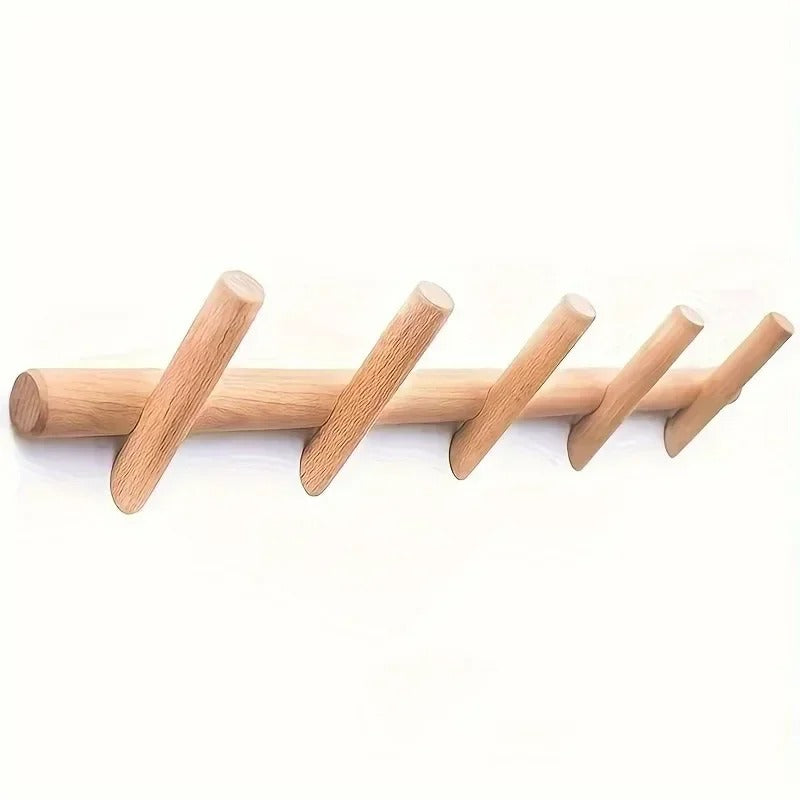 Wall-Mount Coat Hook Rack in Natural Oak Wood – 4 or 5 Rounded Pegs for Entryway, Bedroom & Bath | Thomler