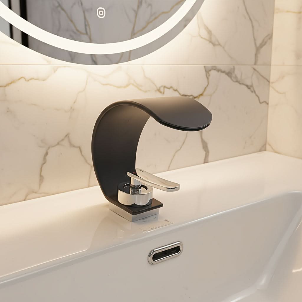 Curved Waterfall Bathroom Sink Faucet with Mirror Finish – Single Handle Hot & Cold Mixer Tap for Modern Vanity & Basin – Polished | Thomler