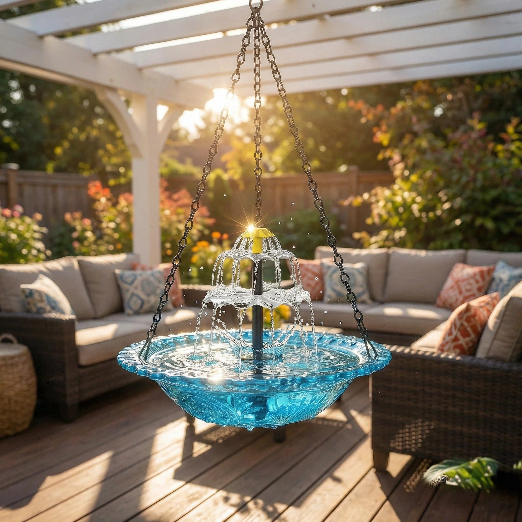 Hanging Glass Bird Bath 25.5 cm Two-Tier Solar Waterfall Blue Patio Garden Decor | Thomler