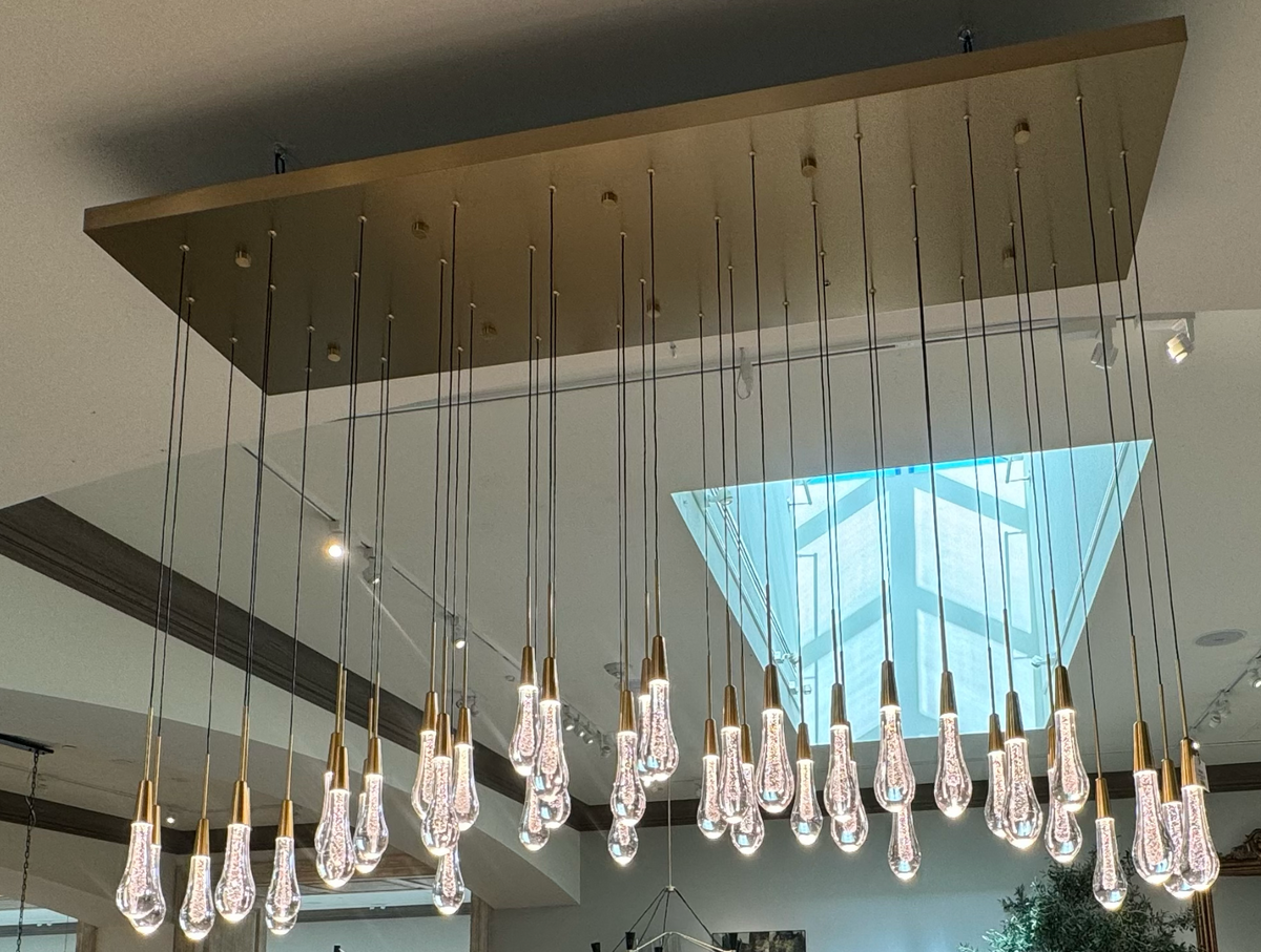 Cascading Raindrop Linear LED Chandelier – Textured Glass Orbs, Adjustable Height, Vaulted Ceiling Ready – 37 to 120 Inch Options for | Thomler