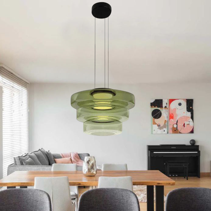 Modern Tiered Glass Ceiling Fixture – Iron & Glass Hanging Light for Kitchen Island, Dining Room & Living Space – Adjustable Multi-Layer | Thomler