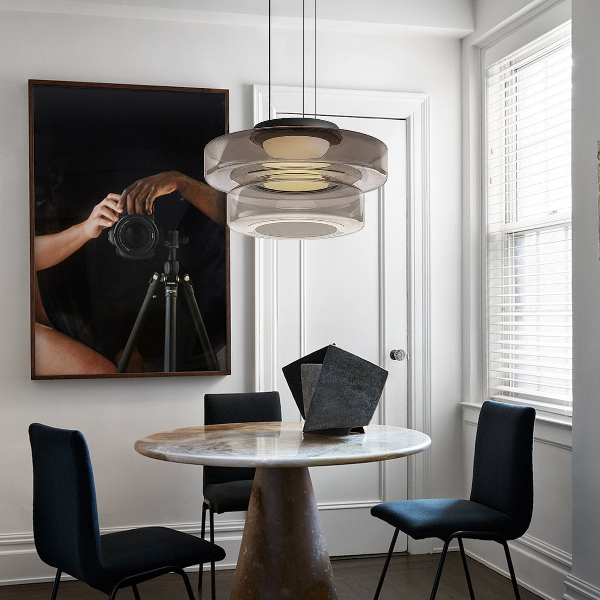 Modern Tiered Glass Ceiling Fixture – Iron & Glass Hanging Light for Kitchen Island, Dining Room & Living Space – Adjustable Multi-Layer | Thomler